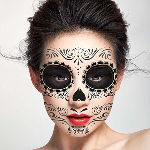 Cokohappy Halloween Temporary Face Tattoos Makeup Kit (13 Pack), Day Of The Dead Sugar Skull Floral Black Skeleton Web Red Roses Full Face Mask Stickers Tattoo Families Party Supplies #TOP5