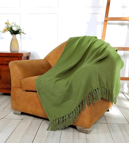 Luxurious Cozy Soft All-Season Cotton Waffle Weave Throw Blanket with Fringes – Lightweight – Decorative Blanket for Couch, Bed & Sofa (Sage)