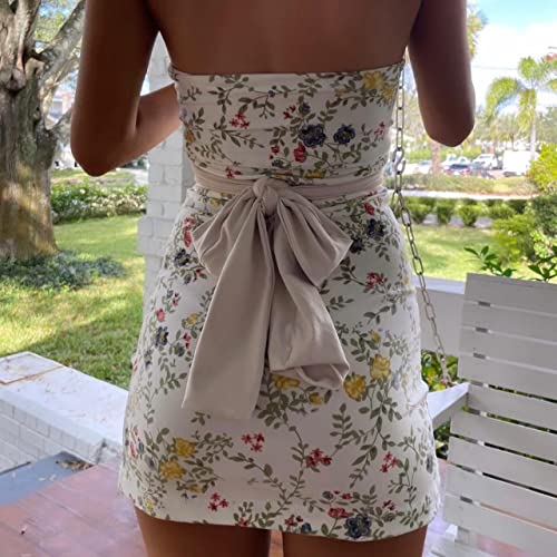 Women Strapless Tube Mini Dress Backless Tie Up Lace Patchwork Y2K Short Dresses Sleeveless Bodycon Going Out Dress Party White Floral #TOP2