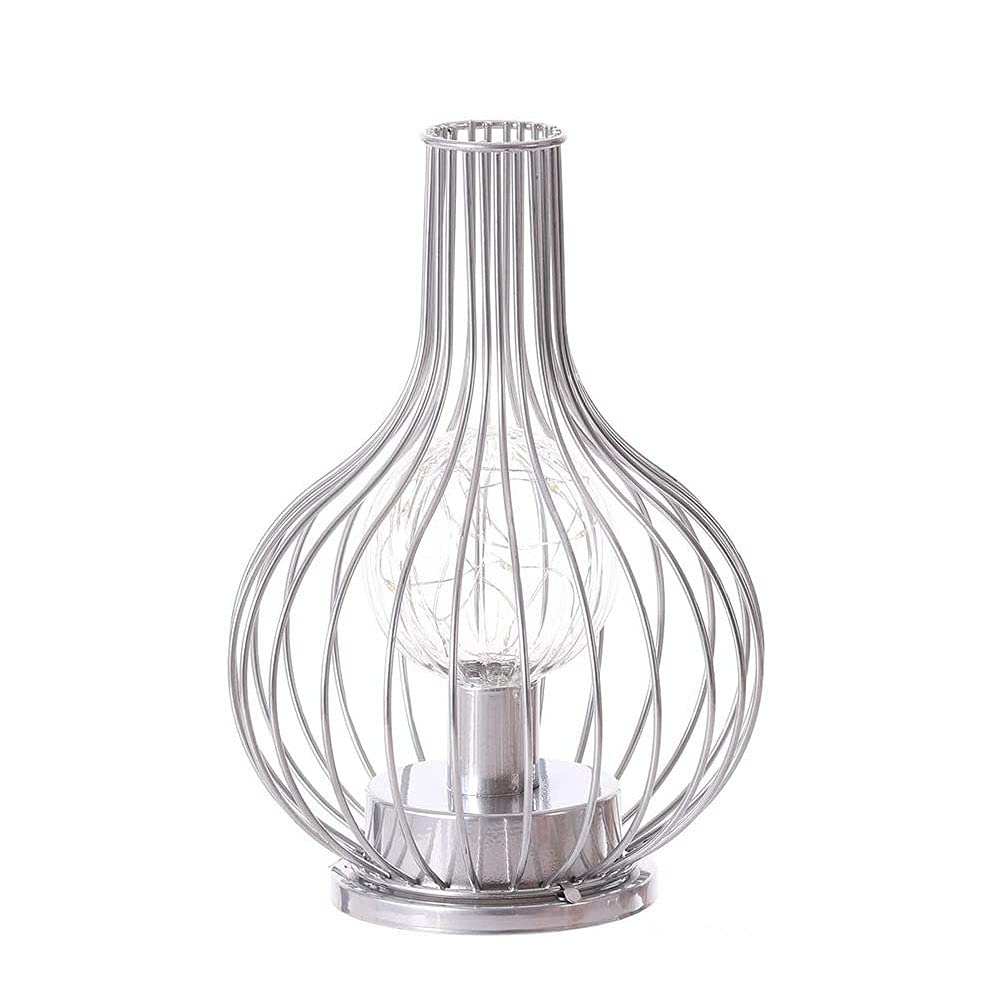ARMINZANG Iron Table Lamp Battery Operated Night Light Wrought Iron Bedside Table Light Decorative Lighting for Hotel Bar Room Weddings Parties Patio Indoors Outdoors (Silver)