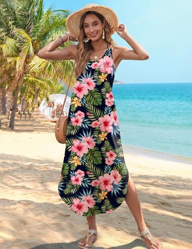 Image of Zeagoo Women's Casual Sundress Summer Maxi Sleeveless V Neck Split Boho Beach Dress Travel Vacation Dress with Pockets