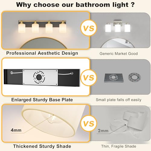 Image of Modern Bathroom Lighting Fixtures Over Mirror, Vanity Lights for Bathroom, Wall Sconces with Milky White Glass Shades, E26 Ceramic Socket, 4-Light 27.5-inch Black and Gold