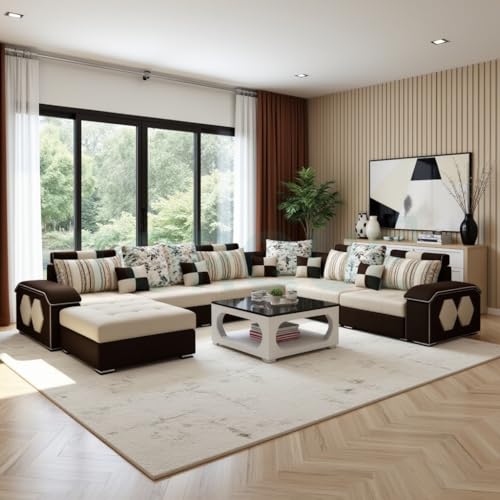 Image of Silvester 12 Seater Sofa Set for Living Room (Cream-Brown) | Interchangeable U Shape Sectional Sofa | Solid Wood Frame & High-Density Supersoft Foam | Includes Puffy & Stool | Modern Home Furniture