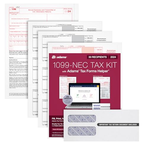 Adams 2024 1099 NEC Kit for 30 Recipients, 3 Part Laser 1099 Forms, 6 1096 Forms, Self Seal Envelopes & Access to Adams Tax Forms Helper (1009313)