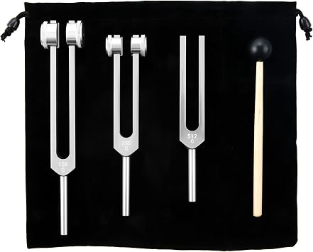 128Hz, 256Hz, 512Hz Tuning Forks with Hammer & Storage Bag Silver