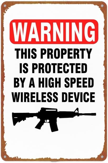 Vintage Warning Property Protected Metal Sign 8x12 Inch Aluminum Retro High Speed Wireless Device Rifle Silhouette Wall Decor for Home Living Room Bedroom Cafe Garage