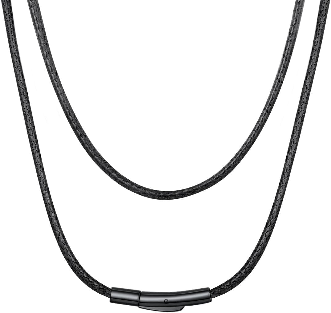 Waterproof Braided Black Leather Necklace Cord with Clasp, Men Women DIY Rope Chain for Pendant, Customize Available, 1.5/2/3mm Width, 16/18/20/22/24/26/28/30" Length (with Gift Box)