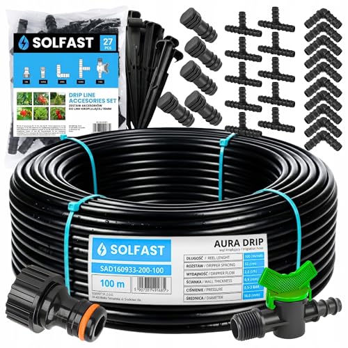 SOLFAST Tropfschlauch Set 100 m 16 mm Bewässerungssystem Tropfbewässerung für Garten Gewächshaus Pflanzen Beet Hecke automatische Gartenbewässerung