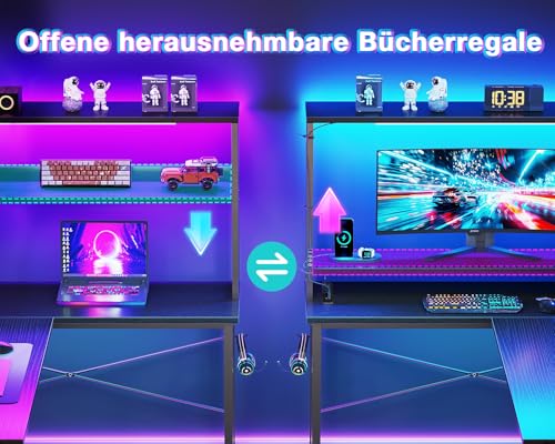 Coleshome Gaming Tisch L Form mit LED & Steckdosen, 135 × 100 cm Reversibel Gaming Schreibtisch mit Ablageregalen, Eckschreibtisch mit Aufbewahrungstasche für Homeoffice und Gaming, Schwarz