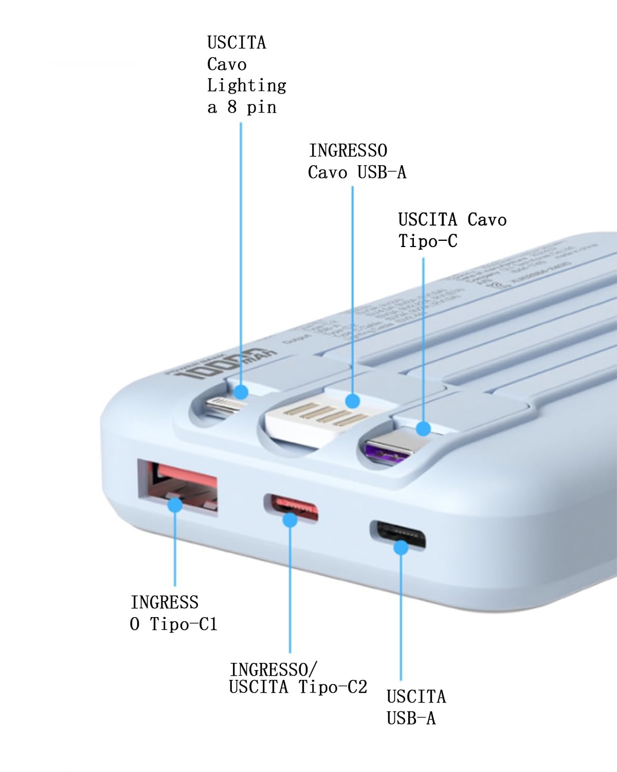PGB-20 Power Bank 10000mAh con Cavo Integrato 3 in 1. Ricarica Rapida 22.5WBlu