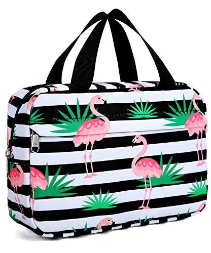 Makeup Bag for Women Cosmetic Bag Small Make Up Organizer Travel Toiletry Bags Waterproof Zipper Tote Pouch Purse for Girls (Flamingo- black stripe)