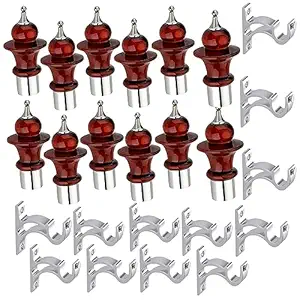 Wood Curtain Bracket Parda Holder with Support 1 Inch Rod Pocket Finials Designer Door and Window Rod Support Fittings, Curtain Rod Holder (Pack of 6, Wood 2305)