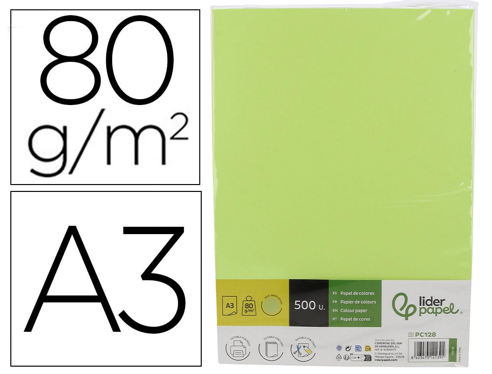 Lederpapel Farbpapier, DIN A4/A3, 80 g, Packung mit 500 Blatt (Neongrün, A3)