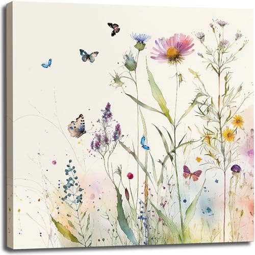 DUOHUTRA Flowers Bathroom Wall Art Blue Coastal Landscape Canvas Print Floral Wildflowers Painting...