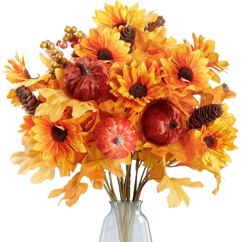 Sggvecsy Artificial Fall Flowers 4 Pcs Floral Arrangement Fake Floral Stems Autumn Maple Leaves Branches Fall Silk Bouquets with Pumpkins Sunflower Pine Cones for Thanksgiving Home Table Wedding Decor