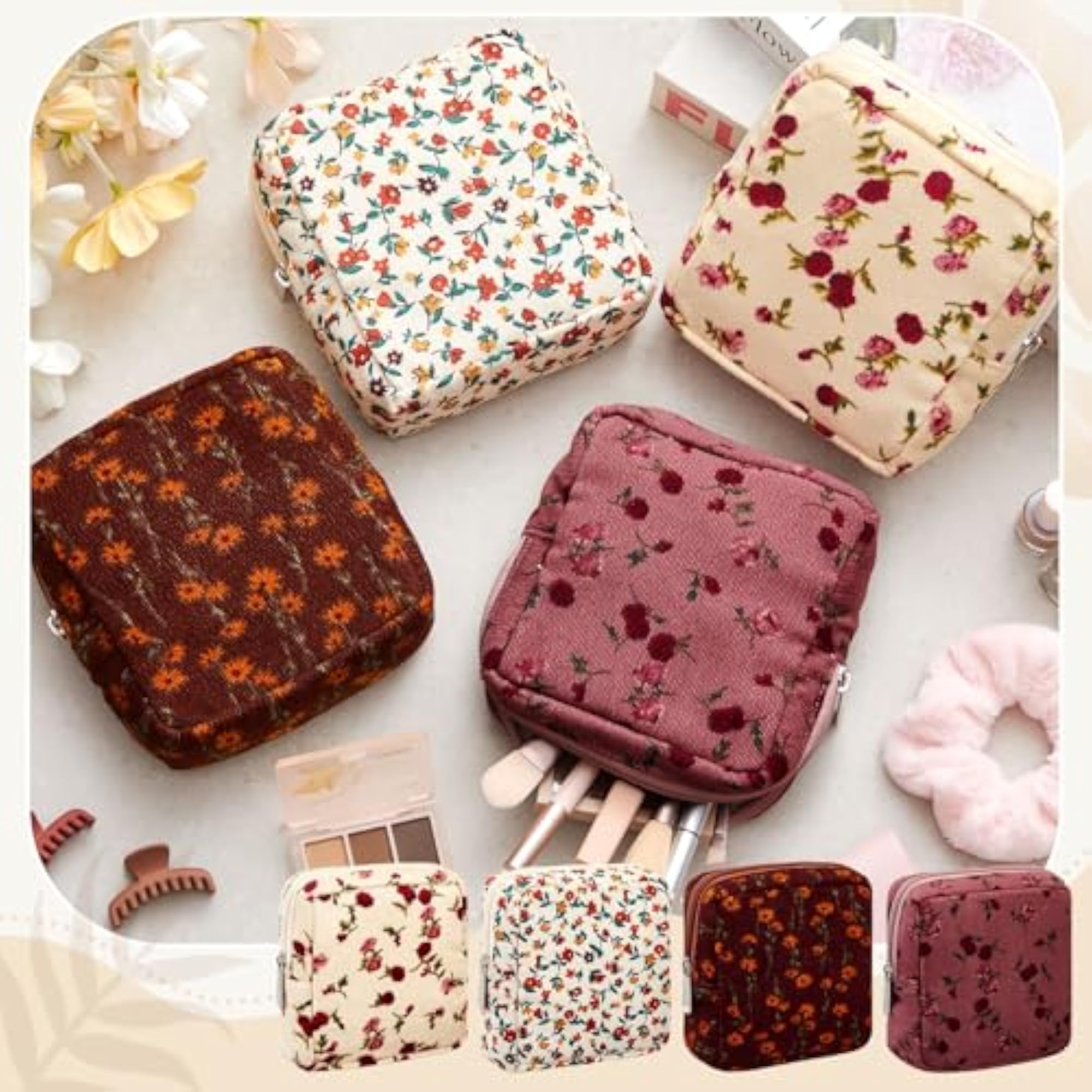 4 Pcs Floral Makeup Bag Corduroy Cosmetic Bag