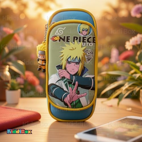 Image of KiddiBox One Piece Anime Pencil Case, Double Zipper Stationery Pouch with Character Charm, School Supply with Keychain (Blue and Yellow)