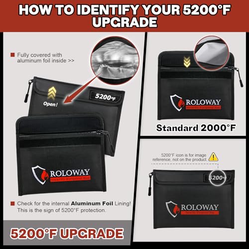ROLOWAY Feuerfeste Tasche (24, 4 x 16, 8 cm), wärmeisoliert, feuerfeste Geldtasche mit Reißverschluss für Bargeld (2 Stück, schwarz)-6