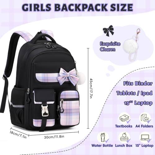 Tanou School Bag Girl Kids Backpack, Water-resistant Bookbag Teenager Daypack, Kawaii Checked Satchel for Girls 9-16 Years with Trolley Strap, Black - Image 3