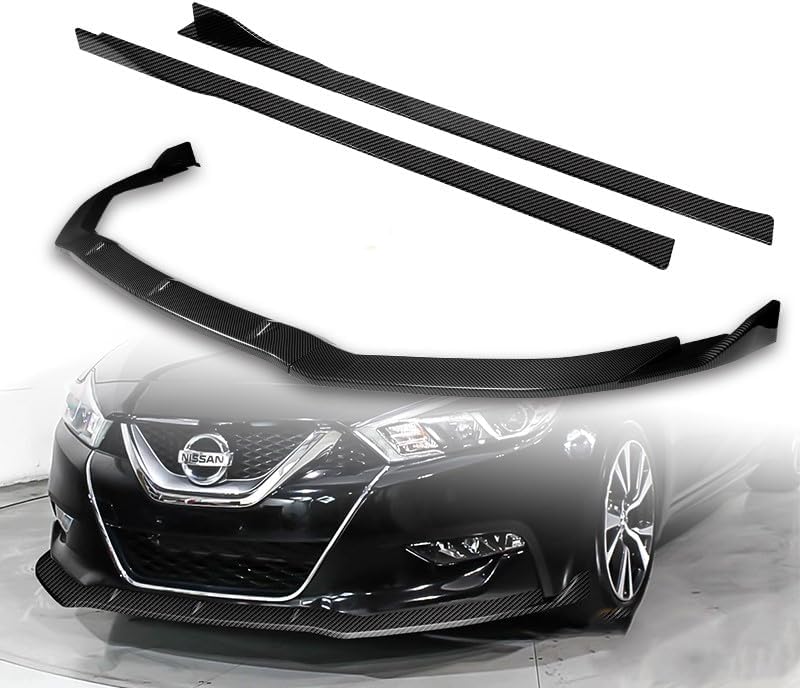 9pcs Combo Front Bumper Body Kit Lip + Side Skirt Extensions Diffuser Compatible with 2016-2018 Nissan Maxima 2017 (Painted Carbon)