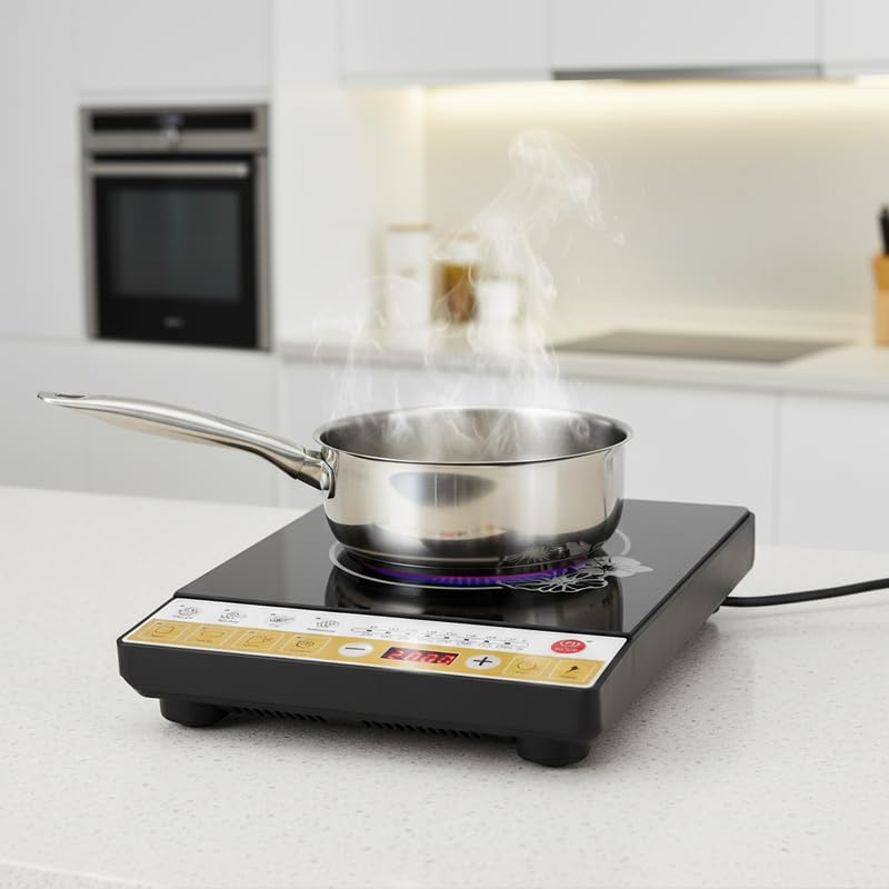 Image of Drumstone (15 Years Warranty) 2000W Electric Induction Cooktop - Portable Induction Stove with LED Touch Panel, Crystal Glass Cooktop for Kitchen Use