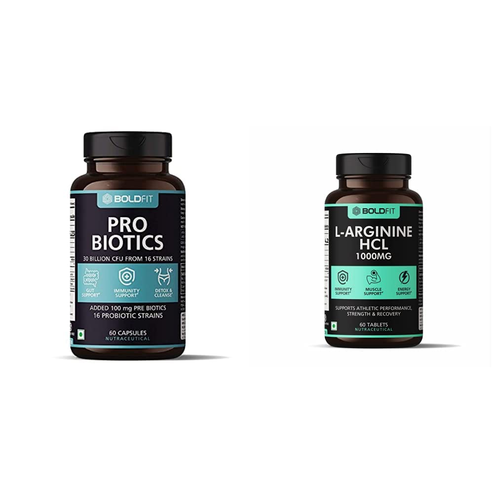 Boldfit Probiotics Supplement 60 Vegetarian Capsules, White & Boldfit L-Arginine 1000mg Supplement with Nitric Oxide Supplement - 60 Tablets