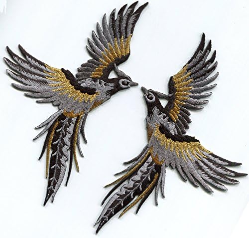 Phoenix Phenix Birds Gray Black Gold Embroidered Appliques Iron-on Patches Pair S-1301 image 2