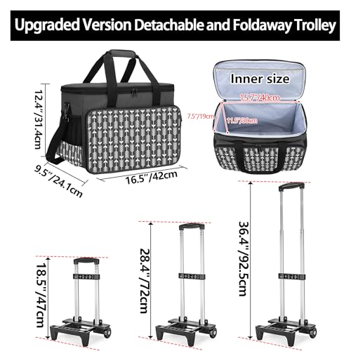 Yarwo Rolling Sewing Machine Carrying Case, Detachable Trolley Tote Bag with Removable Bottom Board and Thickened Trailer Leg for Most Standard Sewing Machine and Accessories, Black with Arrow
