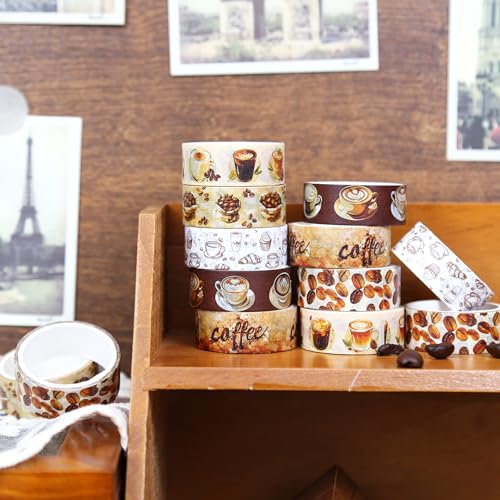 NIKOMIE Conjunto de 12 Rolos de Fita Washi, 6 Fitas Decorativas com Tema de Café, Fita Adesiva Vinta