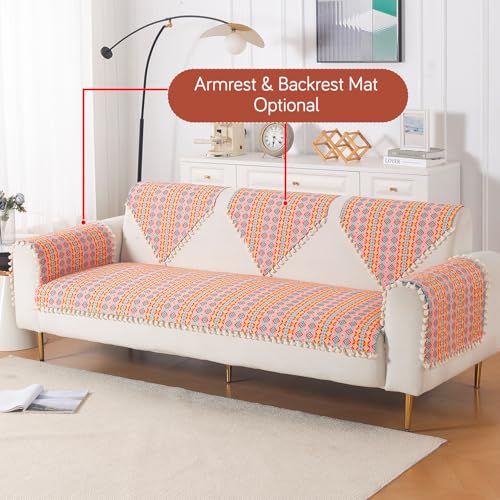 Image of HOKIPO Sofa Cover Mat with Tassel for 3 Seater Sofa | 300 GSM Thick Cotton Acrylic Jacquard Fabric,'Trivana Series' Coral Orange (IN-936-J2*S)