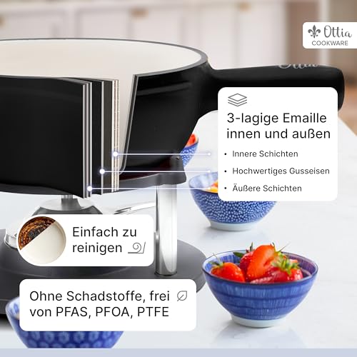 Foto von Ottia Fondue Set für 2, 3, 4, 5, 6 Personen aus Gusseisen & Emaille. Als Käsefondue, Fleischfondue, Schokofondue. Induktion geeignet, Schadstofffrei, mit Brenner+Gabeln+Rezeptbuch, Fondü-Set aus HH