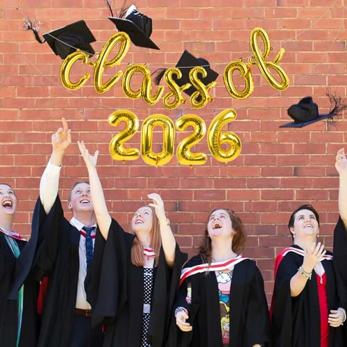 Image of TONIFUL Gold Cursive Class of 2026 Graduation Balloon Banners 2026 commencement Decor Grad Foil Balloons 2026 Congrats Grad Balloons for Class of 2026 Congratulation Graduation Party Supplies