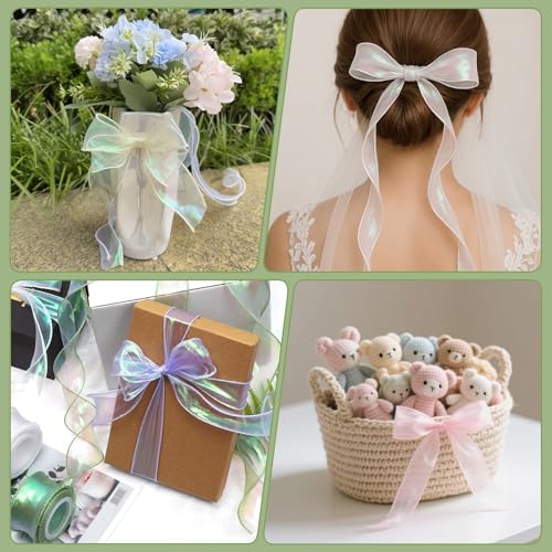 6 Rollen 40mm Geschenkband,Transparentes Schleifenband Weiß Grün Blau Hochzeit, Schillerndes Organzaband,Geschenkband Breit,Chiffonband für Geschenk Deko, Hochzeit,Seinladungen,Blumenstrauß,Basteln