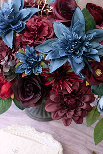 Udoula Burgundy Artificial Flowers Combo Pack, Faux Navy Blue Flowers Wedding Combo For Diy Wedding Bouquets Combo Arrangements Party Bridal Baby Shower Centerpieces #TOP6