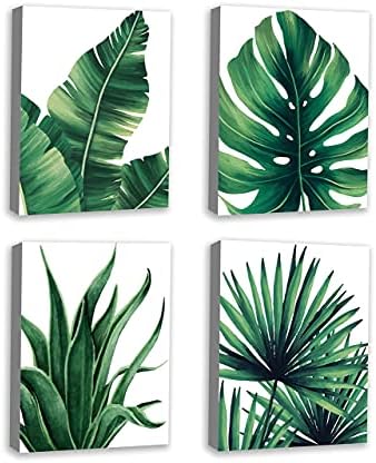 Botanical Prints Wall Art for Bathrooms Canvas Green Leaf Framed Green Plant Wall Art Pictures (12" x 16") Posters Fall Pictures Boho Sage Green Leaf for Bathrooms, 4 Pieces Tropical Plants Pictures Minimalist Greenery Watercolor Painting, Palm Banana Monstera Posters Oil Paintings Watercolor Aesthetic Posters