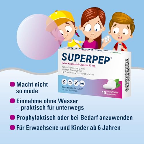 SUPERPEP Reise Kaugummi Dragees - Gegen Reiseübelkeit und Motion Sickness ohne Schläfrigkeit - Für Erwachsene und Kinder ab 6 Jahren - 10 Stück