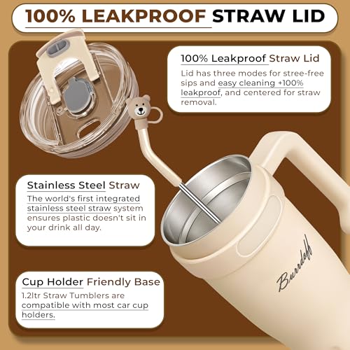Image of Insulated Tumbler with Straw Lid and Handle (1200 ML) Double Wall Sipper Water Bottle for Adults, Tumbler Bottle with Straw (Luxe Creme, 1200 ML, with Bear Straw Coverr)