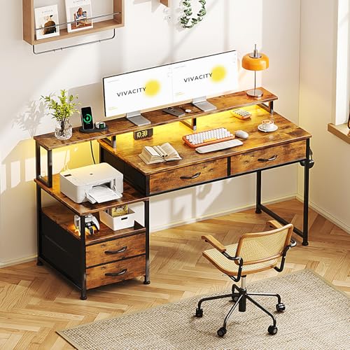 MUTUN 53" Computer Desk with Power Outlet and Fabric Storage Drawers, Reversible Office Desk, Bureau de Travail, Desks with Monitor Stand and Printer Stand, Bureau Ordinateur, Rustic Brown by MUTUN - Image 2