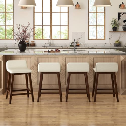 Conjunto de 4 butacos tapizados de madera COSTWAY, altura 24 pulgadas, color marrón + beige | Butacos sin brazos con respaldo bajo, reposapiés resistente y patas de madera de caucho para isla de cocina, bistró y comedor miniatura 2