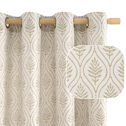 BGment Beige Linen Curtains for Living Room French Country Leaf Jacquard Botanical Pattern Cottage Core Boho Vintage Grommet Light Filtering Semi Sheer Linen Curtains 2 Panels 52 x 84 Inch