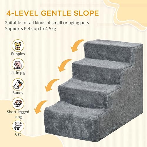 PawHut Dog Steps for Sofa, 4 Steps Dog Stairs, Pet Stairs, with Washable Plush Cover, for Small Breeds, Cats - Light Grey - Image 5