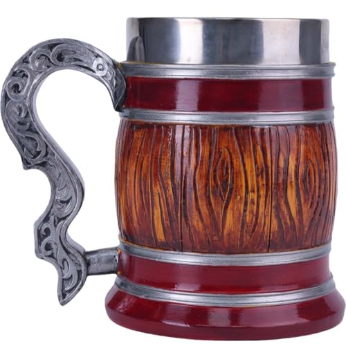 ZONSUSE Jarra de Cerveza Barril, Jarra Cerveza Medieval, Taza Vintage de Barril de Roble, Rojo Imitación Madera Exterior Carcasa con Acero inoxidable Tanque Interior, Regalos Hombre 600 ml (Barril)