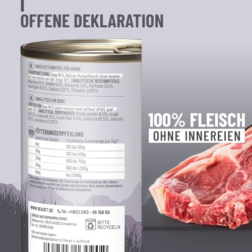 ReaVET Premium Hunde Nassfutter - Ziege Pur 12 x 400g I Reines Muskelfleisch, Hypoallergen, ohne Getreide & Zusätze, Hundenassfutter sensitiv für Allergiker