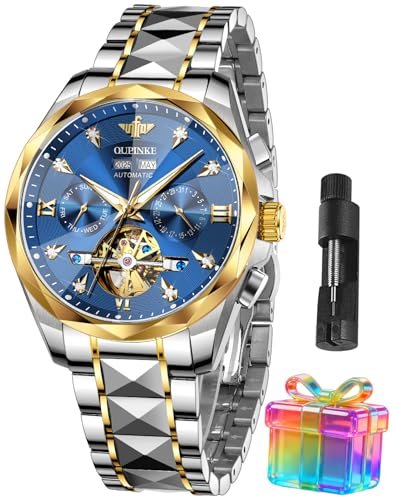 OUPINKE Men's Watches Automatic Skeleton Self-Winding Original Mechanical Blue Luxury Sapphire Crystal Dress Gifts Wrist Watches