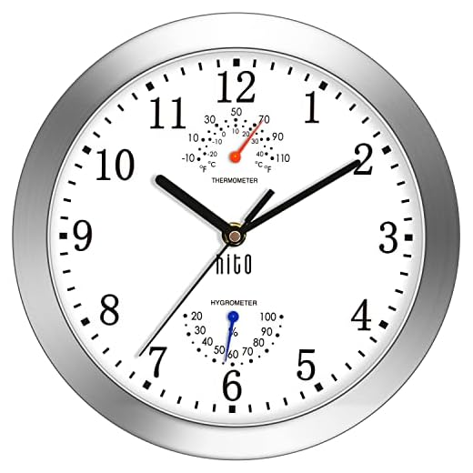 hito Modern Silent Wall Clock Non ticking 10 inch Excellent Accurate Sweep Movement Silver Aluminum Frame Glass Cover, Decorative for Kitchen, Living Room, Bedroom, Bathroom, Bedroom, Office (White)