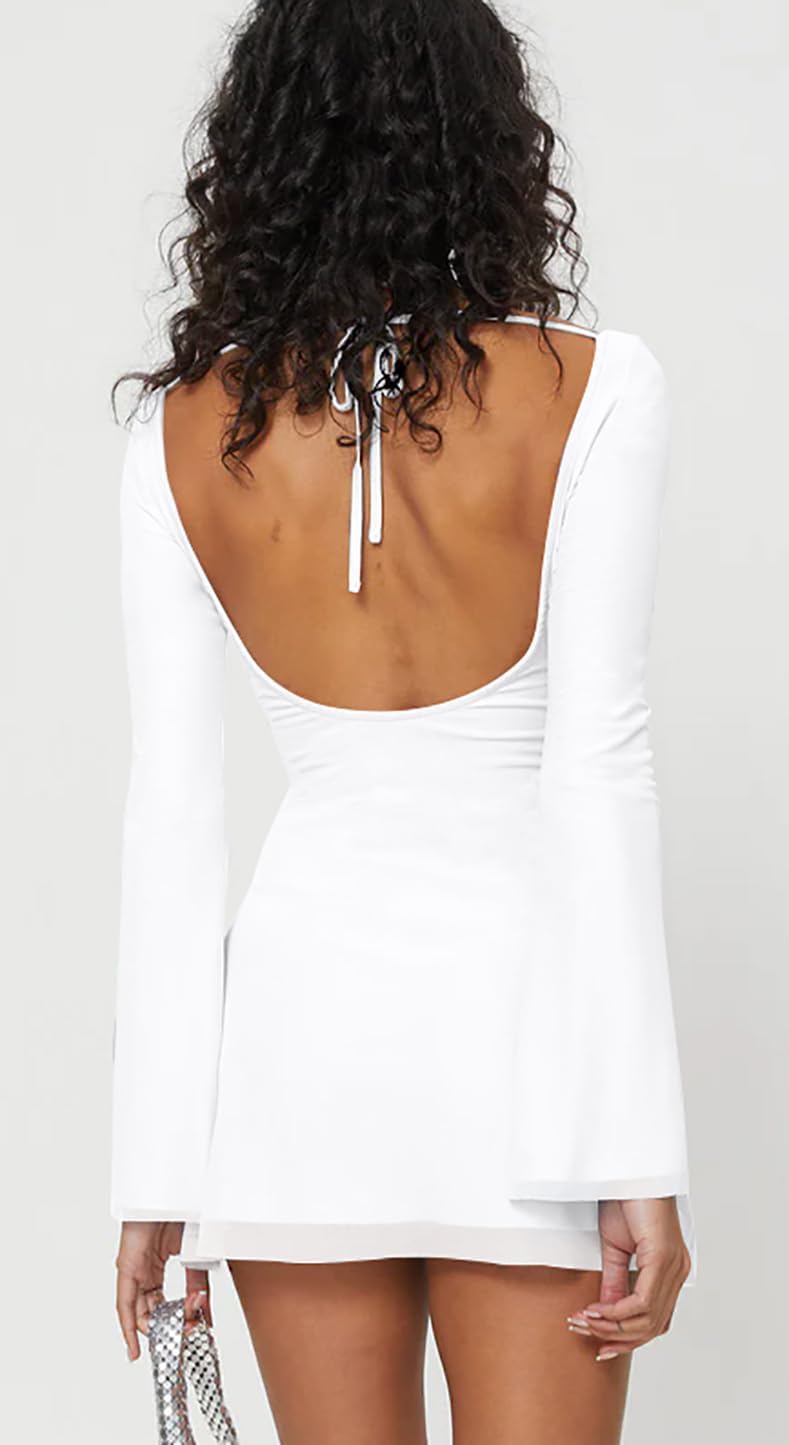 GOBLES Women's Sexy Long Flare Sleeve Boat Neck A-line Mini Cocktail Party Dress - Image 3