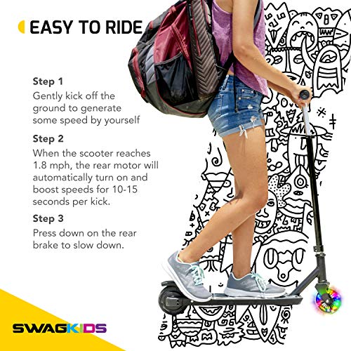 Swagtron Swagger SK3 Metro Kick-and-Go Electric Scooter for Kids Ages 6 and Up Featuring LED Light Up Front Wheel, 7.5 mph Max Speed and Height Adjustable Handlebar