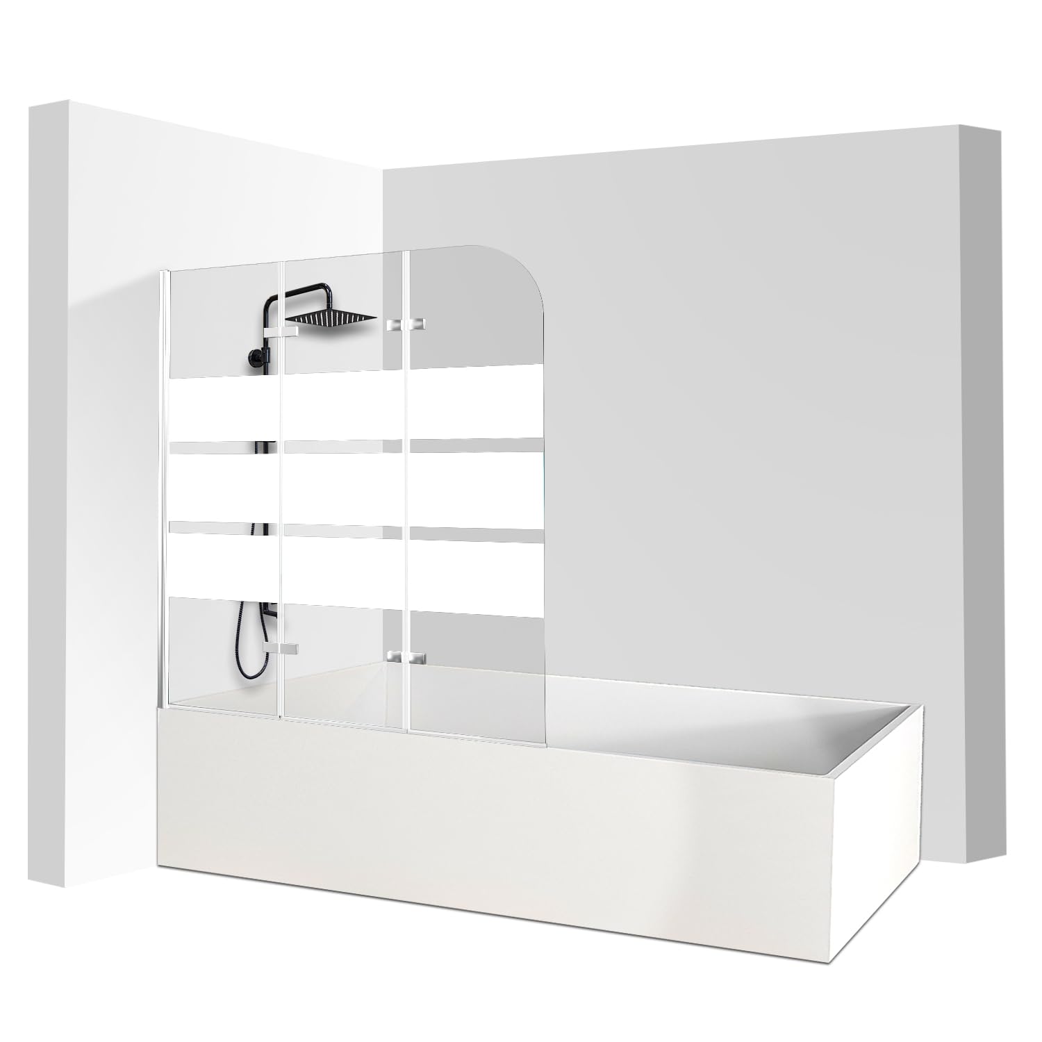 Mampara de ducha plegable para bañera, 120 x 140 cm, 3 piezas, cristal de seguridad (EGS), diseño de rayas blancas
