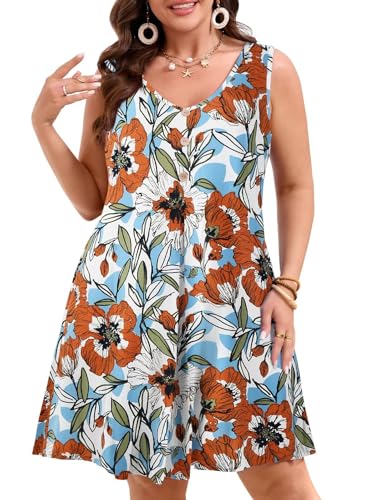 Image of JollieLovin Women Plus Size Summer Sundress Tank Sleeveless V Neck Beach Swing Dress Swimsuit Cover ups(L-5X)