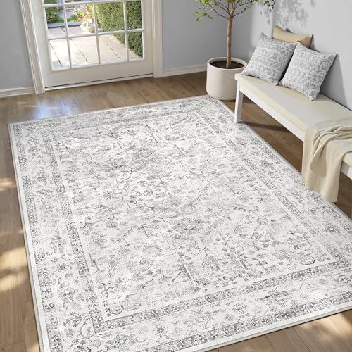 PureCozy Vintage Washable Grey Rugs Living Room Area Rug 160x230cm Bedroom Large Non Slip Soft Carpet Kitchen Bedroom Dining Room Office Indoor Low Pile Carpets